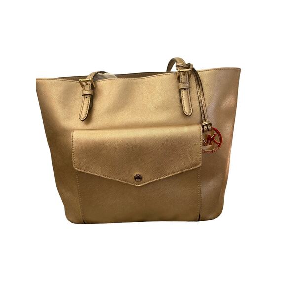 Michael Kors Metallic Gold Leather Jet Set Tote Purse - Picture 1 of 11